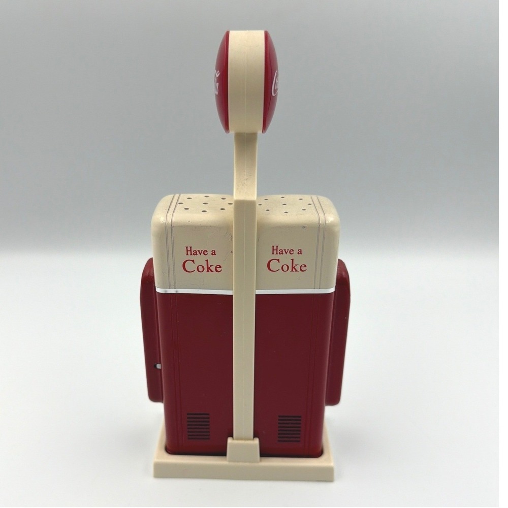 Vintage 1993 Coca-Cola Vending Machine Salt and Pepper Shaker Set with Stand